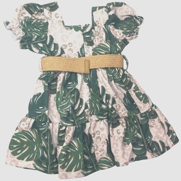 Boutique Tropical Leaf & Leopard Print Dress W Belt & Headband XS Green & Beige - Picture 2 of 8